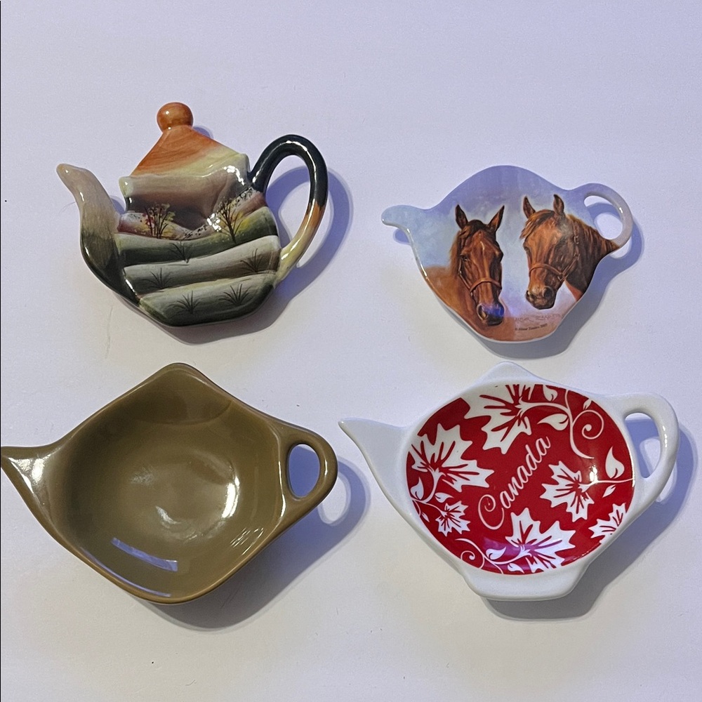 Set of Four Decorative Tea bag holder or spoon rest Teapot-Shaped Dish